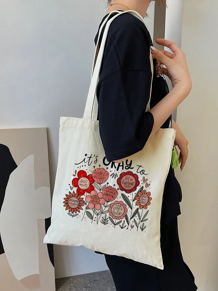

1pc Chic Flower Pattern Canvas Tote Bag Lightweight Durable Fabric for Work School Shopping Everyday Carry Bag