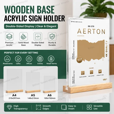 Wooden Solid Wood Double-Sided Table Card Holder Display Board A4 Acrylic Restaurant Display Board