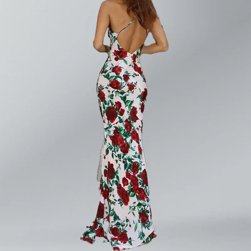 فستان ماكسي صيفي مثير مطبوع بدون ظهر لعام 2025 للنساء فستان أنيق بدون أكمام عالي الخصر للحفلات المسائية والنوادي فساتين طويلة