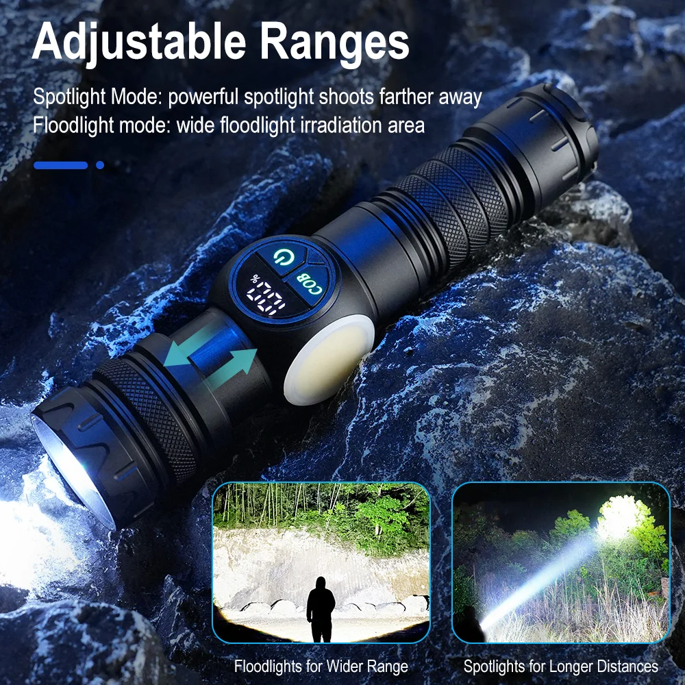 BORUiT Super Bright LED Flashlight 800LM Zoom Torch Type-C Rechargeable Long Range Spotlight Digital Display & Tail Magnetic