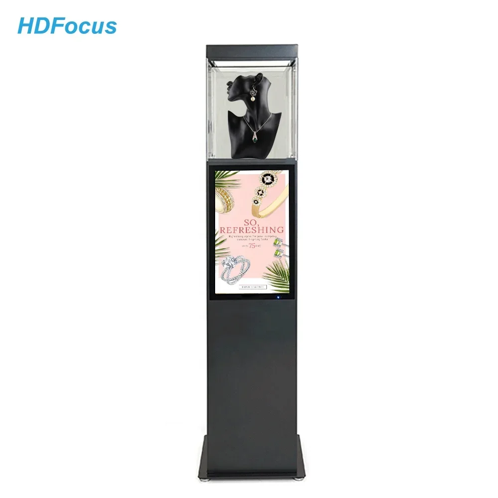 Jewellery Showcase Cabinet Shop Advertising Equipment Dimmable Led Lights Exhibit Pedestal Digital Signage Screen Kiosk