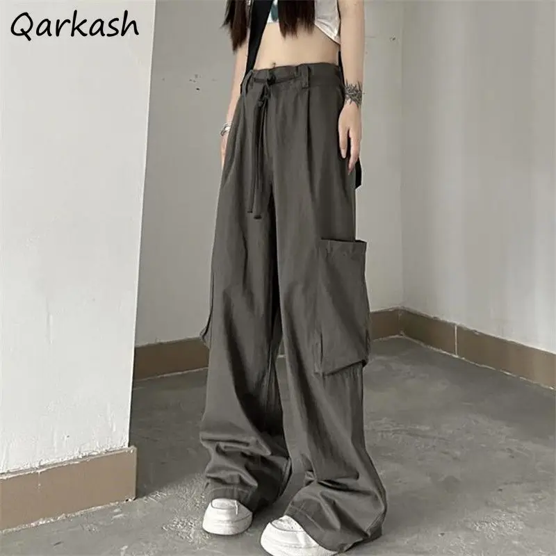 

Casual solid Pants Women Autumn High Waist Simple Pockets Loose Ins Straight Trousers Female Lace-up All-match Harajuku Fashion