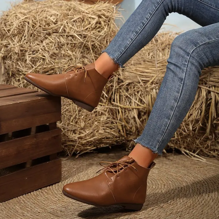 British Style Lace Up Boots for Women flat shoes 2024 Winter New Women\'s  Soft Casual Leather Shoes Simple and Versatile Ladies