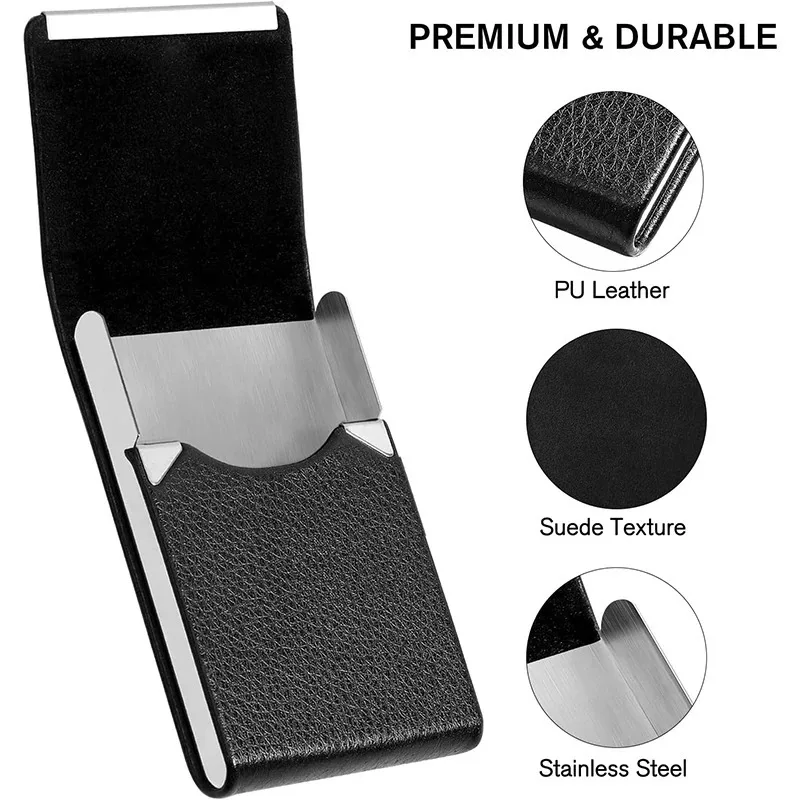 1 Pcs Business Card Holder Case Man Slim PU Leather Metal Pocket Card Holder with Magnetic Shut Black Name Card Holder