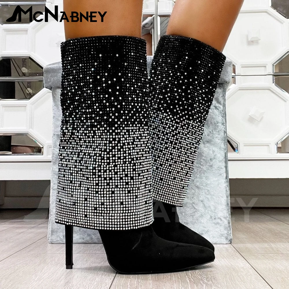 Ombre Full Rhinestone Boots Crystal Cuffed Stiletto Short Boots Black Pointed Toe Stiletto Luxury Boots Handmade Shoes for Women