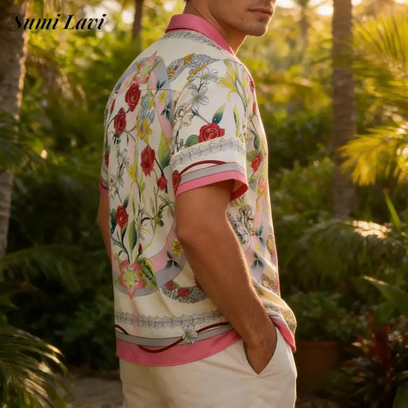 

Мужская повседневная рубашка с цветочным принтом для пляжа, модная, с коротким рукавом, на пуговицах, с отложным воротником, летняя, для отдыха