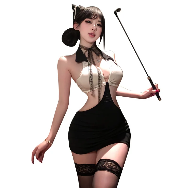 

Sexy Alluring Private Flight Attendant Style Bodycon Dress With See-through Exposed Buttocks Hanging Neck Off-the-shoulder F2SC