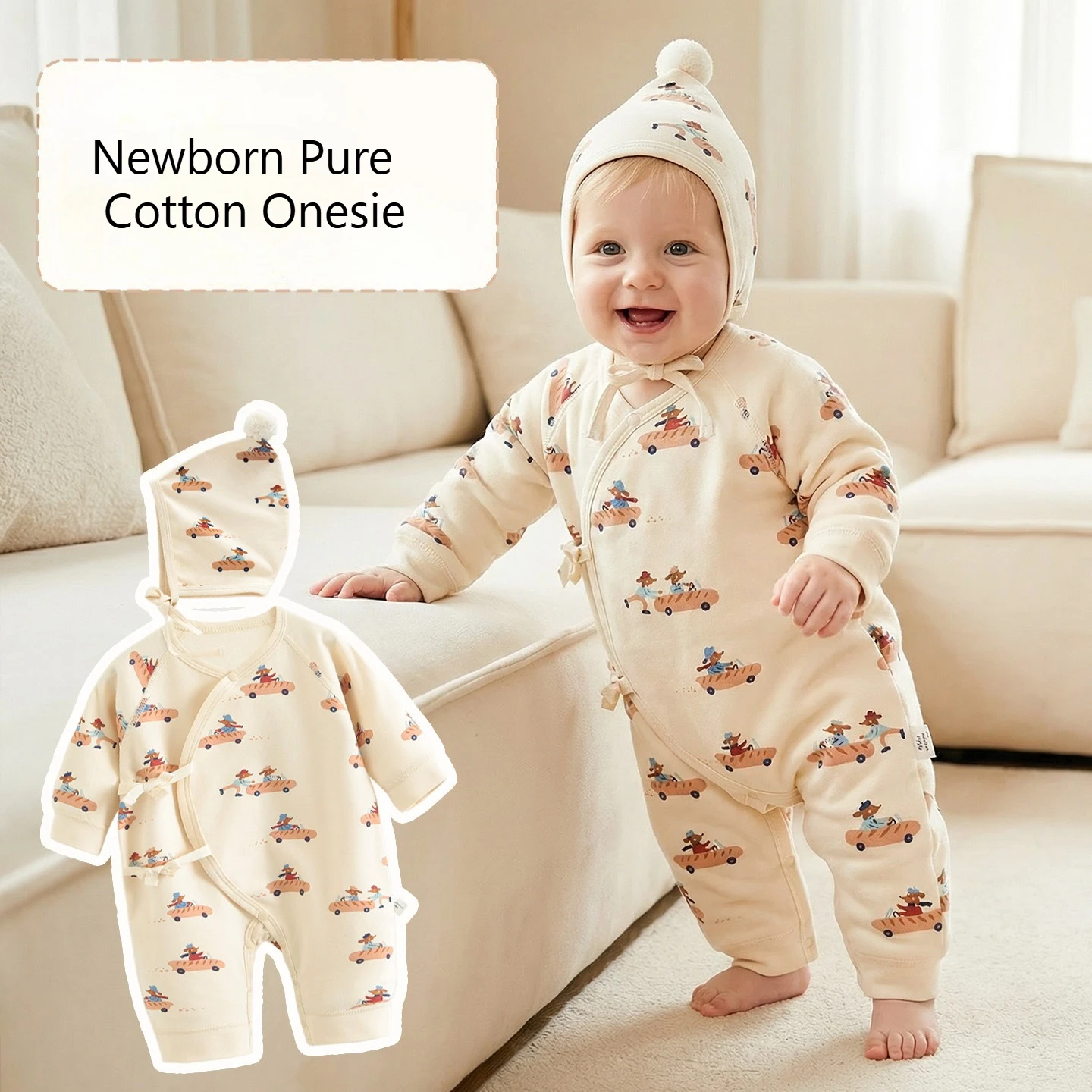 Somenie Unisex Newborn Romper + Hat 2 Piece Set Pure Cotton Soft Boys Girls Cute Printed Ribbed Romper Infant Soft Outing Trend