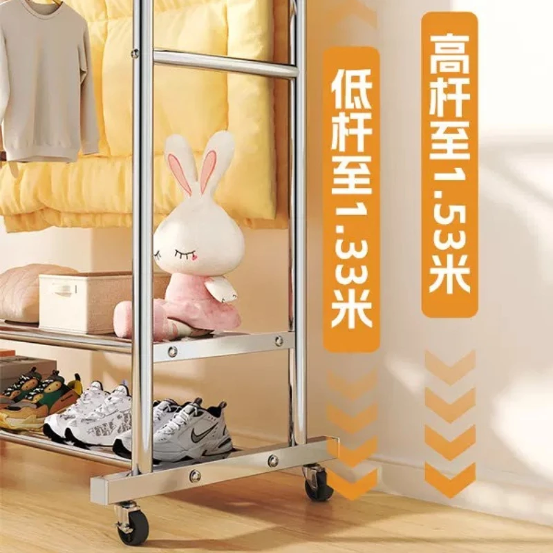 Stainless Steel Coat Rack Double Rod Clothes Drying Rack With Wheels Floor Hanger Interior Shelves Shelf Entryway Hall Furniture