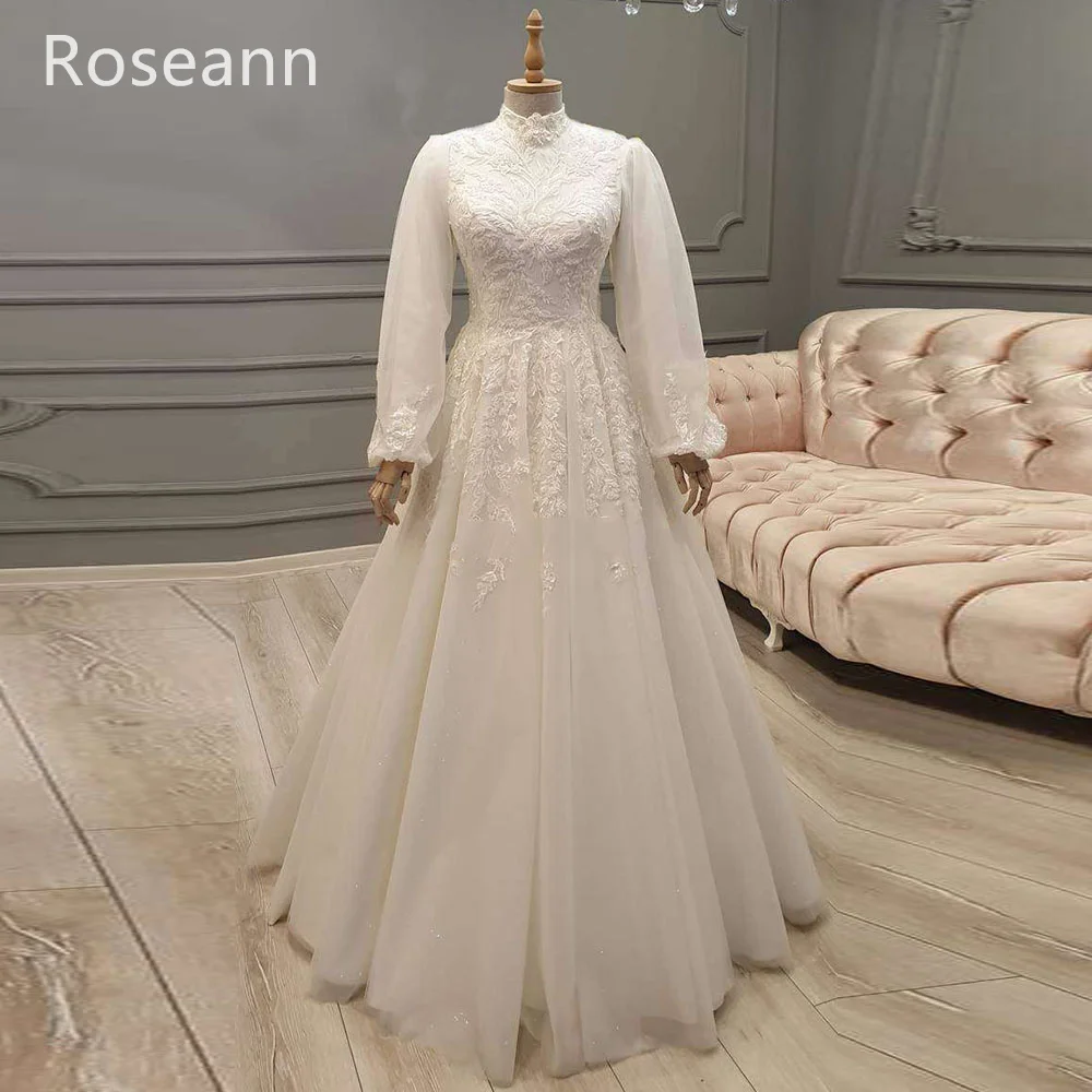 Muslim High Quality Ivory A-line Wedding Dresses High Collar Draped Pleat Applique Bride Dresses Floor Length robe de mariée