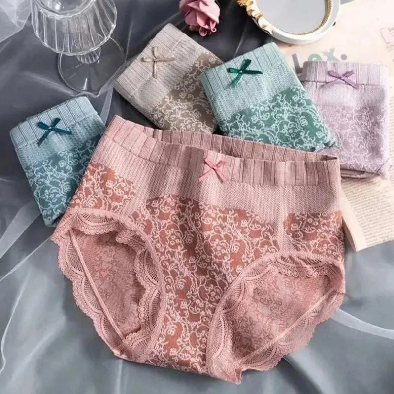 Women Panties Mid Waist Breathable Hollow Bowknot Lace Briefs Underwear Sexy Ladies Soft Seamless Underpants Lingerie Intimates