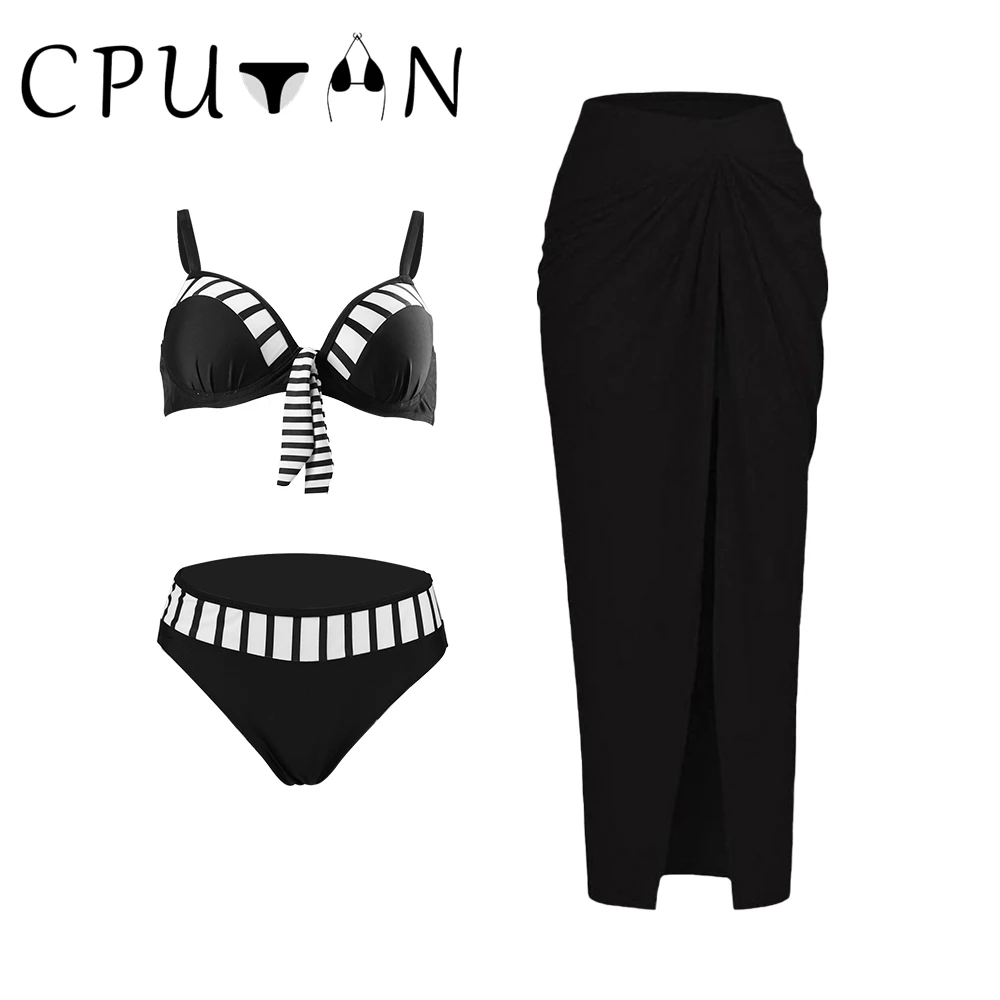 CPUTAN-Bikini Brésilien Push Up pour Femme, Maillot de Bain et Jupe Ronde, Imprimé Solide, Vêtement de Plage, 2024