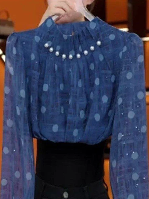 

Elegant Blue Polka Dot Stand Collar Long Sleeve Shirt Women's Fashionable Embellished Top Age-Defying Versatile Autumn New Ar...