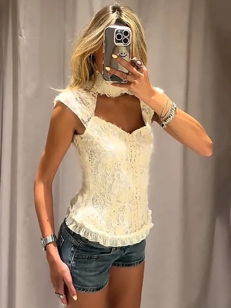 Gentle High Neck Cutout Lace Tank Top Lady Elegant Sleeveless Open Back Ruffle Slim Ivory Floral Blouse 2026 New Daily Date Wear