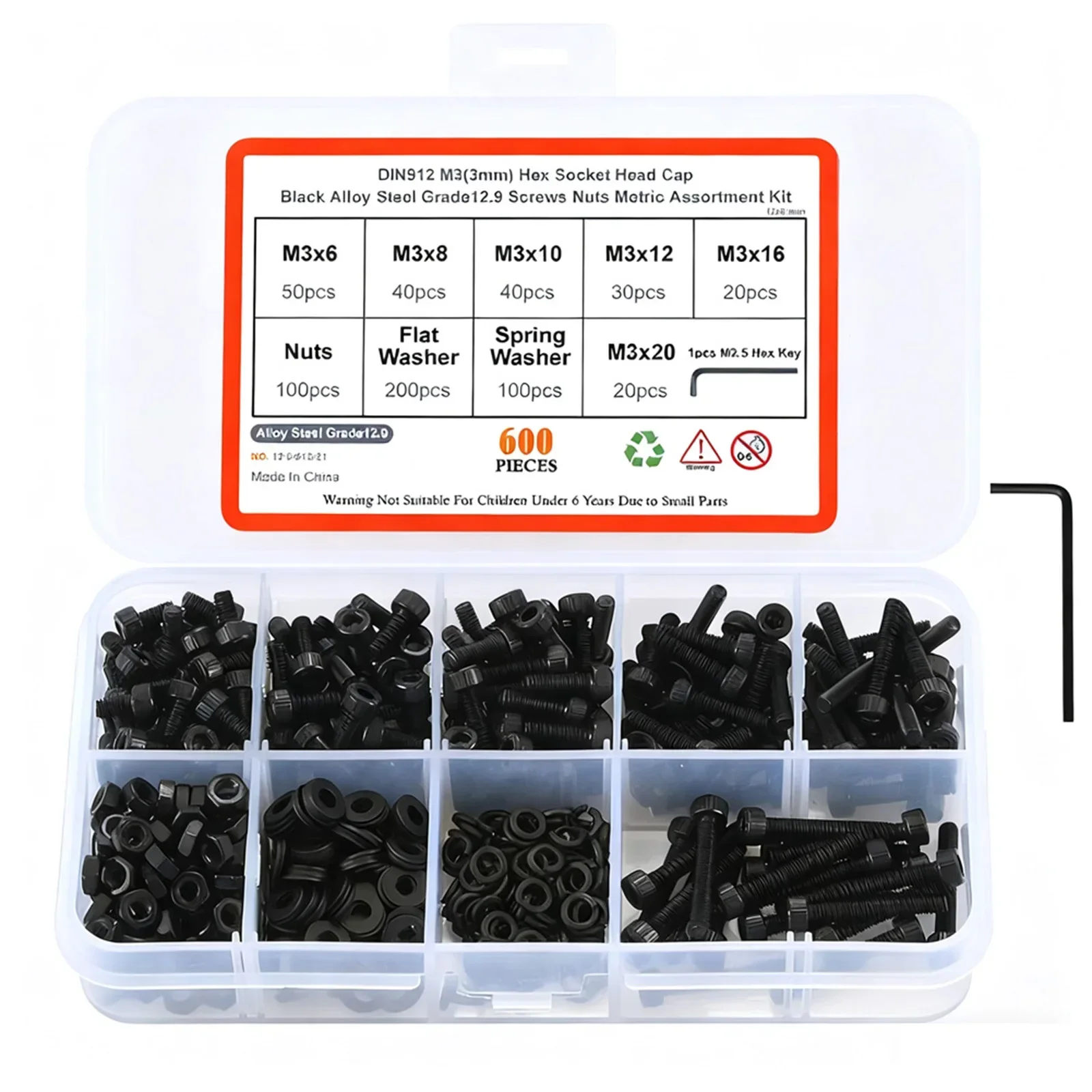 3mm*8 Screw Assortment Kit Hex Socket Carbon Steel Screws Grade 12.9 Fasteners Wide Application Use DIY Projects Kit