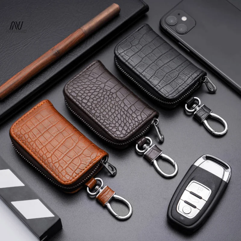 Car Keychain Cover Crocodile Pattern Men's Keychain Leather Car Key Wallet Butler Key Storage Bag Zipper Key Bag Unisex Pouch