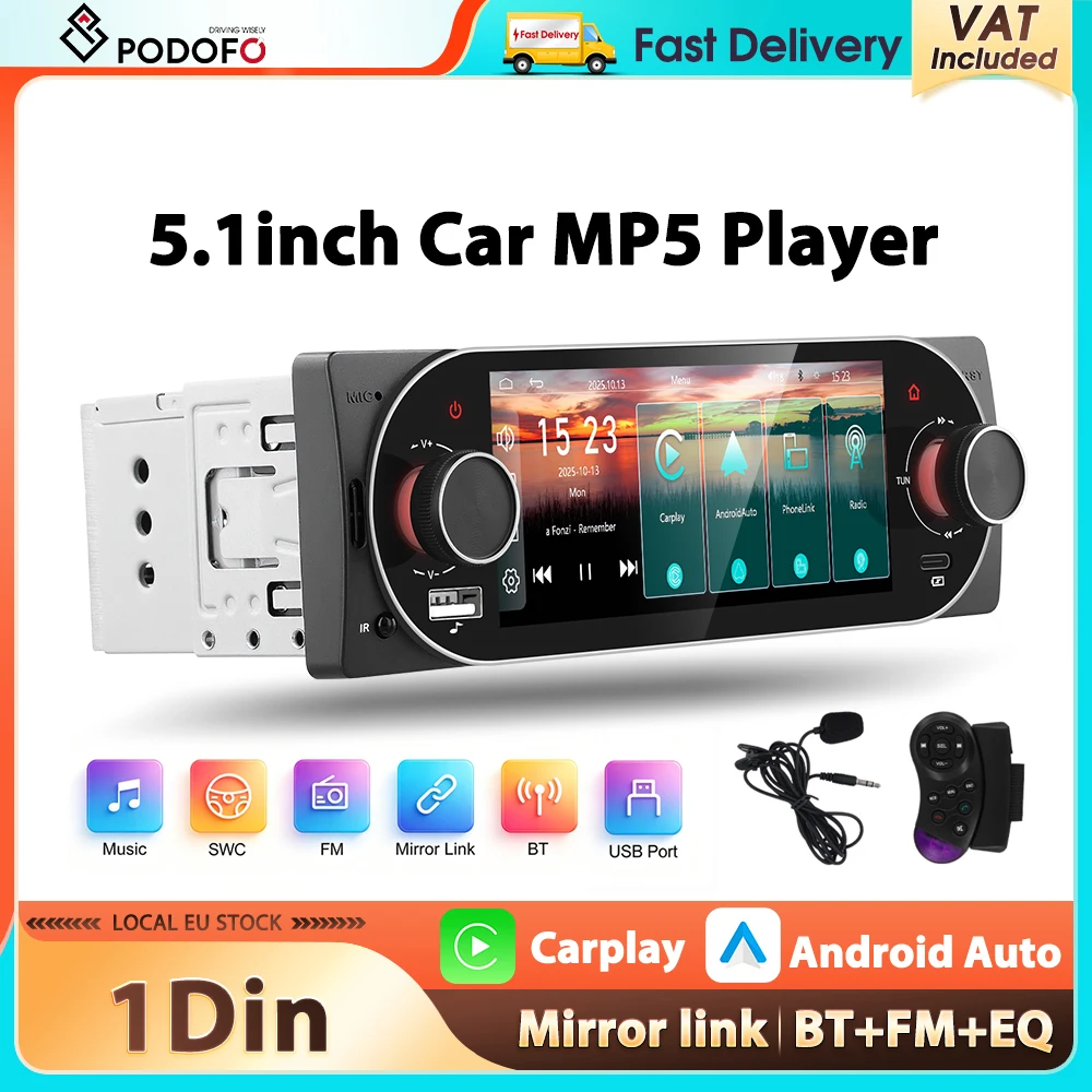 Podofo 5,1'' 1Din MP5-Player Kabelloses Carplay Android Auto Multimedia-Player Bluetooth FM Mirror Link EQ Farbige Hintergrundbeleuchtung Auto-Stereoanlage