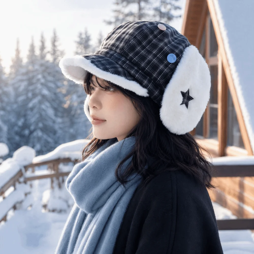 Cute Sweet Plaid Octagonal Hat Autumn Warm Winter Fleece Lined Hat Earflap Windproof Newsboy Cap For Women