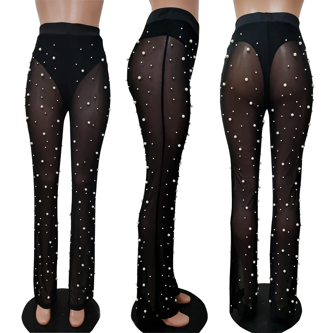 Leggings de perna larga feminina, streetwear, casual, calças confortáveis, monocromáticas, decoração de pérolas, moda feminina, primavera, 2021