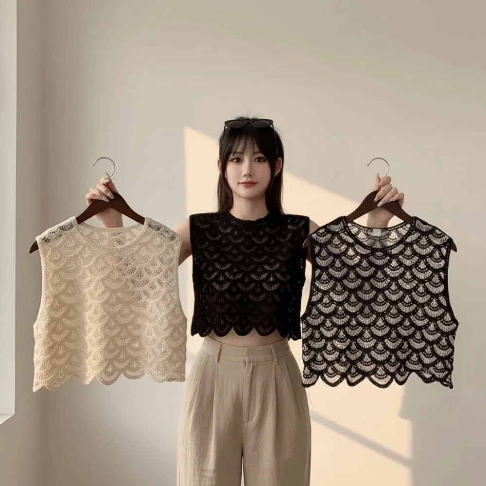 

Korean Style Retro Women Sleeveless Vest Solid Color Hollow Out Knitted Vest Breathable Loose Fit Loose Covering Top