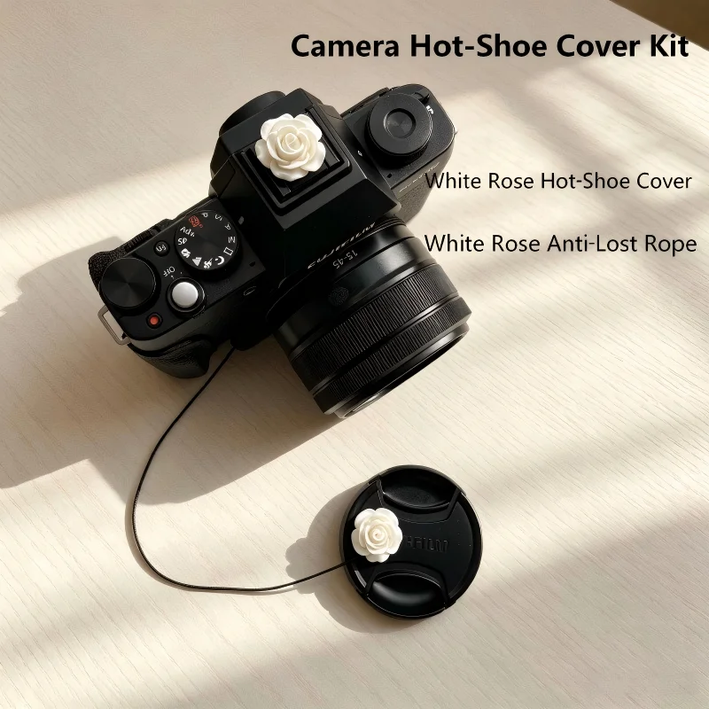 Cute Floral Hot Shoe Cap & Lens Cap Keeper Set, 2-in-1 Decorative White Rose Camera Accessory Gift For Photographers Canon Sony