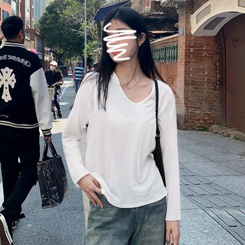 2026 nueva camiseta de invierno para mujer, camiseta blanca relajada con cuello en V de manga larga, camiseta básica ajustada, Top corto, ropa Sexy para mujer