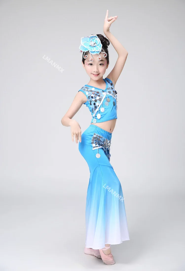 nowe dzieci dziewczyna chiński kostium taneczny zestaw kostiumów scenicznych dla kobiet Dai etniczna sukienka do tańca pawia ubrania do tańca