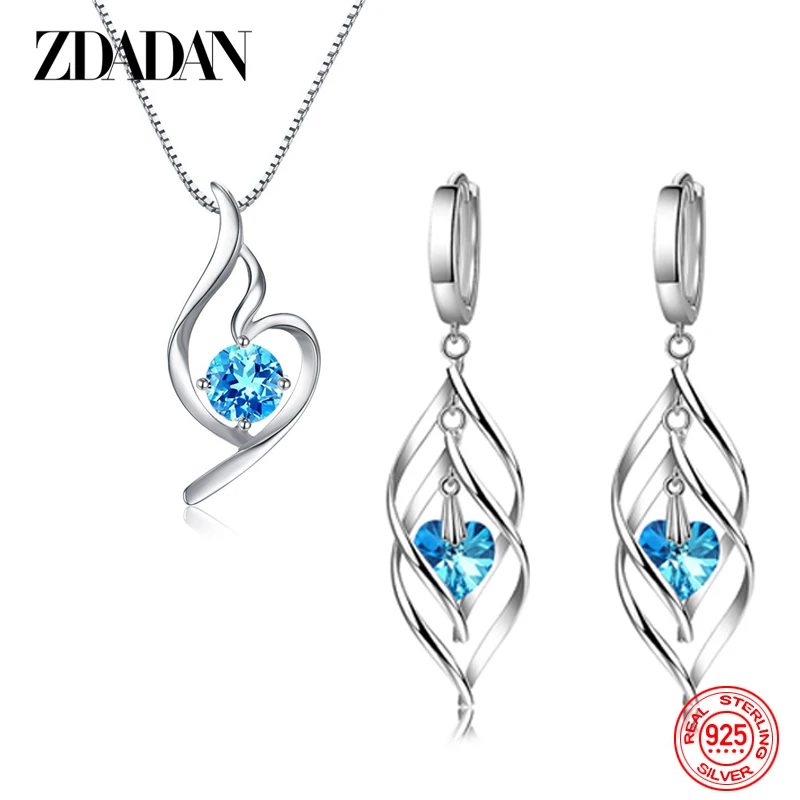 ZDADAN 925 Sterling Silver Blue Crystal Necklace Earring Set For Women Fashion Wedding Jewelry Party Gift