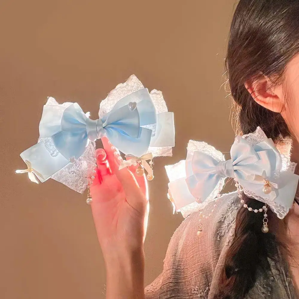 

Заколки для волос с бантом в стиле Лолиты для девочек, каваи, розовая кружевная заколка для волос с когтями, заколки JK, кружевная жемчужная цепочка, заколка для волос в стиле Лолита, головной убор, аксессуары для волос