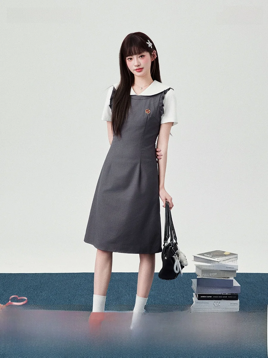 

Mrs. Flower Bell Summer New Style Embroidered Long Dress Short Sleeve Women's Fashion Set Hand Collar Skirt And Dress Set