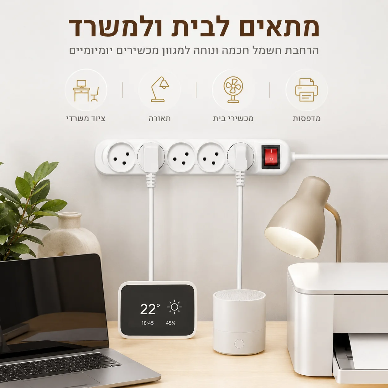 Melery Power Strip Israel Plug Outlets 3/4/5 Way AC Electric Sockets 16A Wire 1m Extension Cord Wall Mounted for Home Office