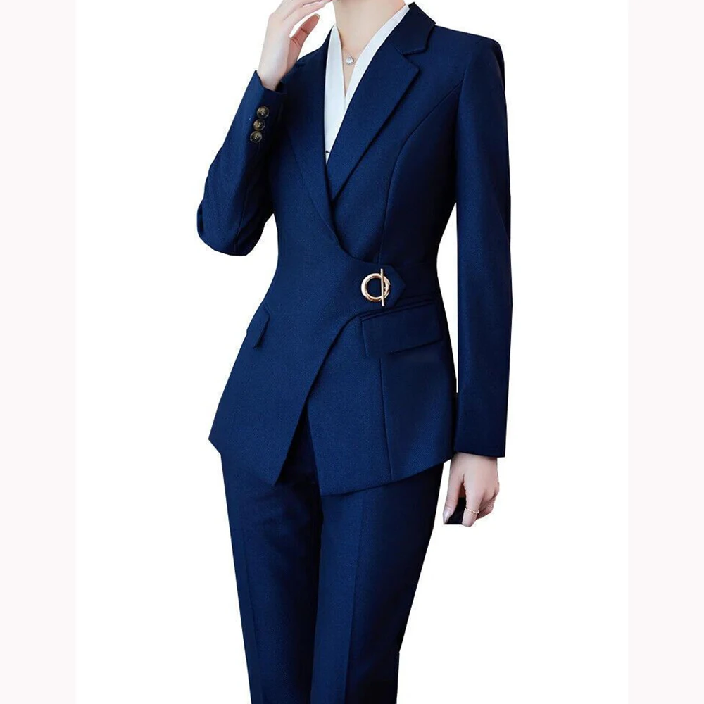 Blue Women Suit Irregular Single-grain Buckle Peaked Lapel Two Pieces(Jacket+Pants) Competent Business Office Lady Set Custom