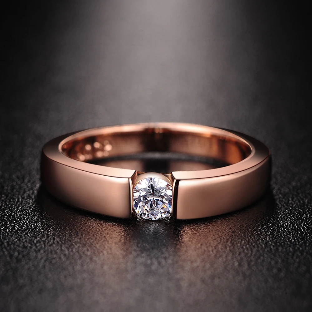 ZHOUYANG 4.5mm Hearts and Arrows Cubic Zirconia Wedding Ring Rose Gold Color & Silver Color Classical Finger Ring R400 R406