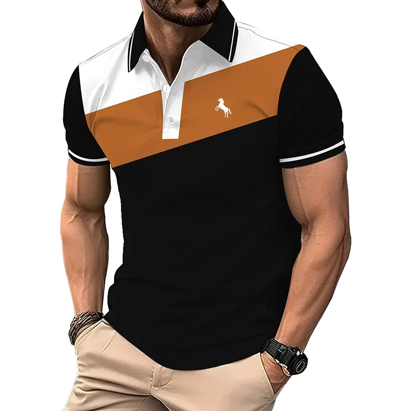 Men Slim Fit Color Block Polo Shirt Deer Embroidery Short Sleeve Breathable Business Casual Fashion Top For Summer Daily Wear
