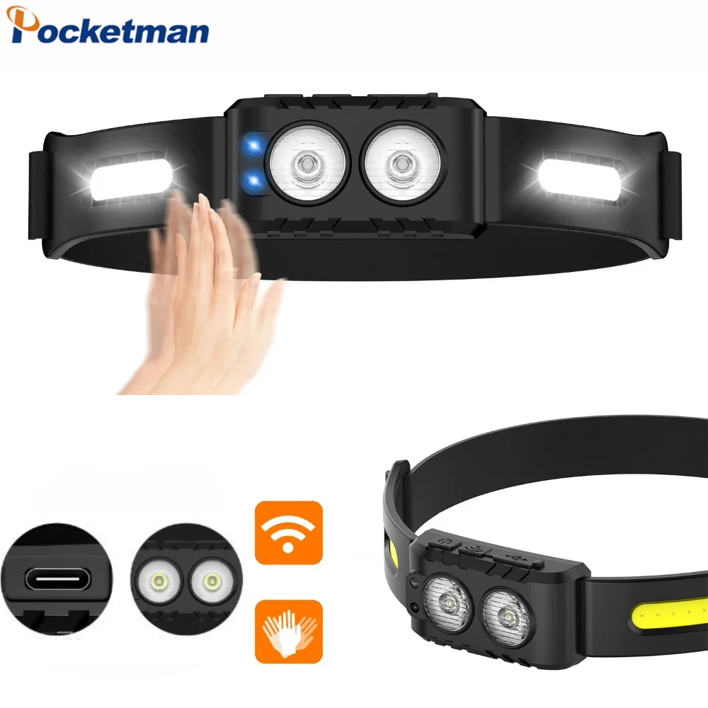 

Portable Head Mounted LED Flashlight COB Light White USB Rechargeable Inductive Headlamp Waterproof Fishing Camping Headlight