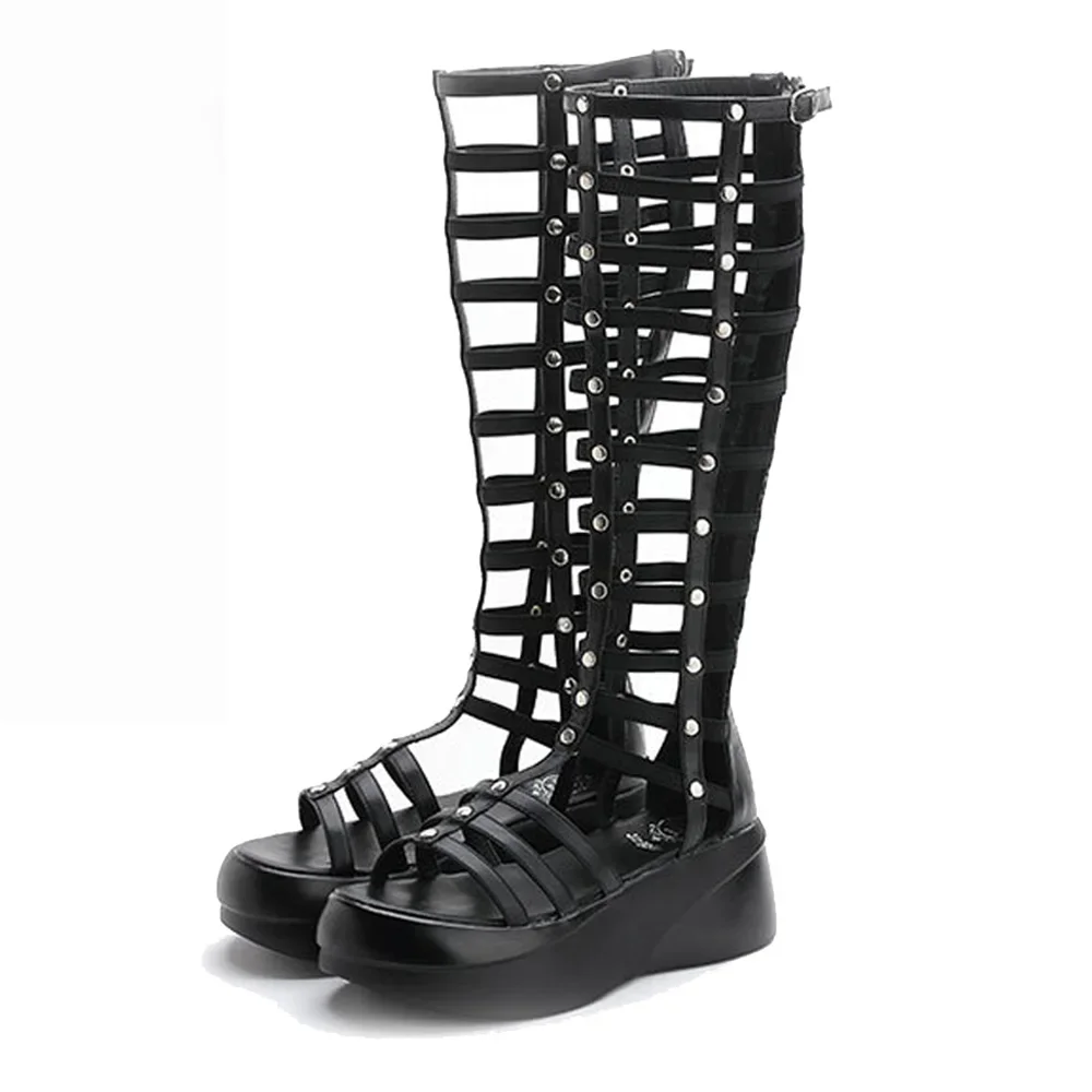 Belt Buckle Long Barrel Roman Knee High Boots Summer Hollow Out Rivet Slimming High Heel Zippered Women Fashion Sandals Platform