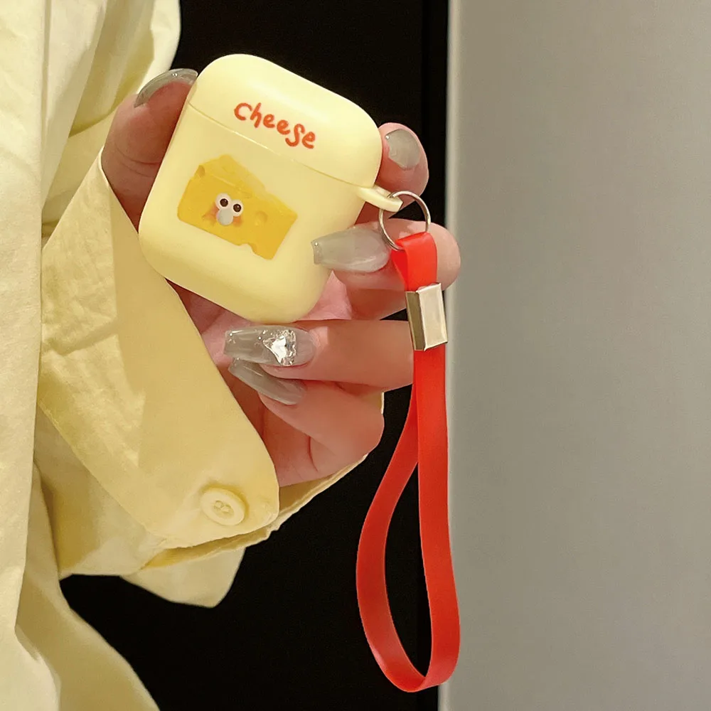 حافظة سماعة رأس بنمط الجبن اللطيفة لأجهزة Apple Airpods Pro 1 2 3 2021 غطاء من البولي يوريثان الناعم غير اللامع مع سوار ملحقات غلاف سماعة الأذن