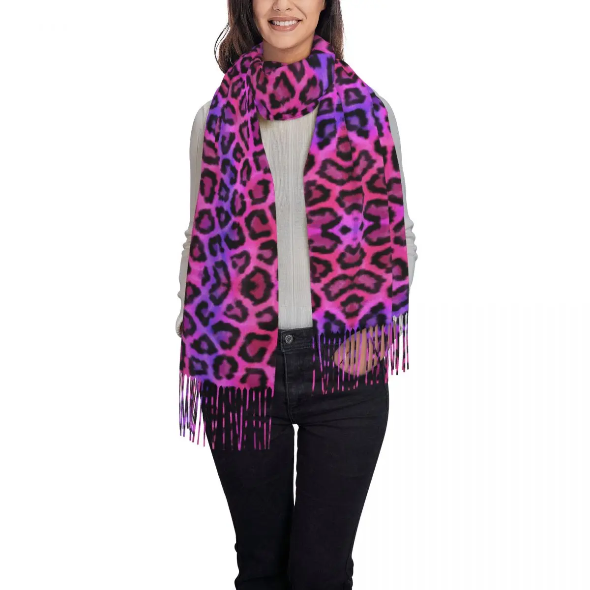 Leopard Print Bright Red Scarf Wrap Women Long Winter Warm Tassel Shawl Unisex Scarves