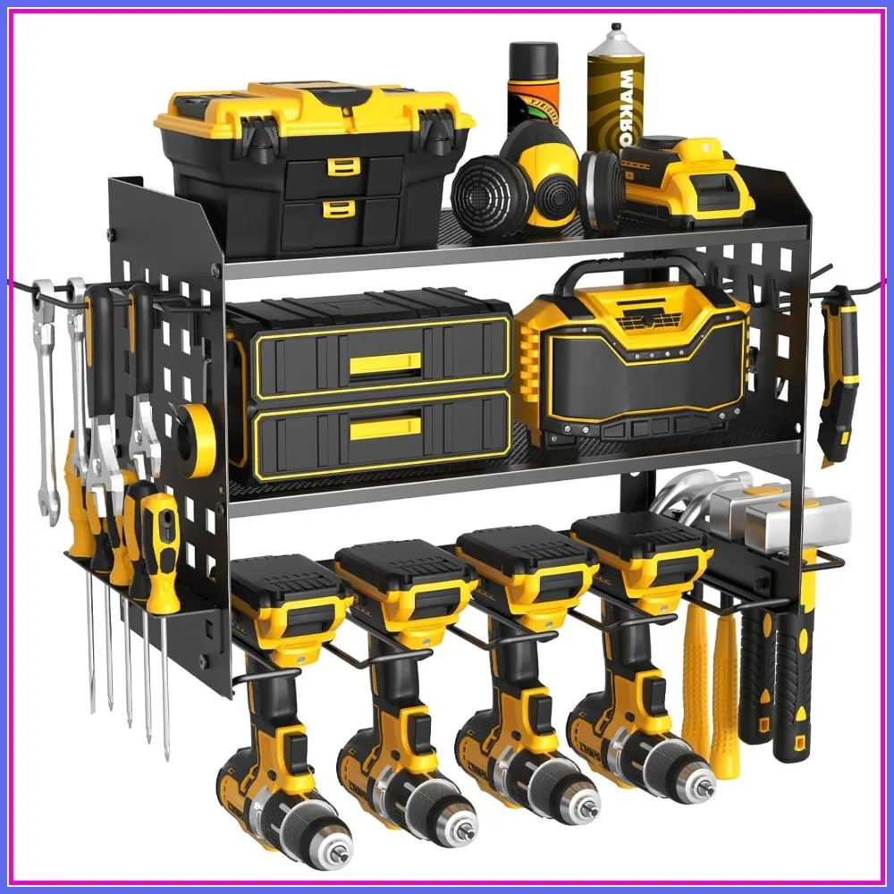 

Настенный органайзер для инструментов повышенной прочности с 3-мя уровнями, 4-мя держателями для дрелей, боковыми перфорированными панелями и крючками для хранения в мастерской