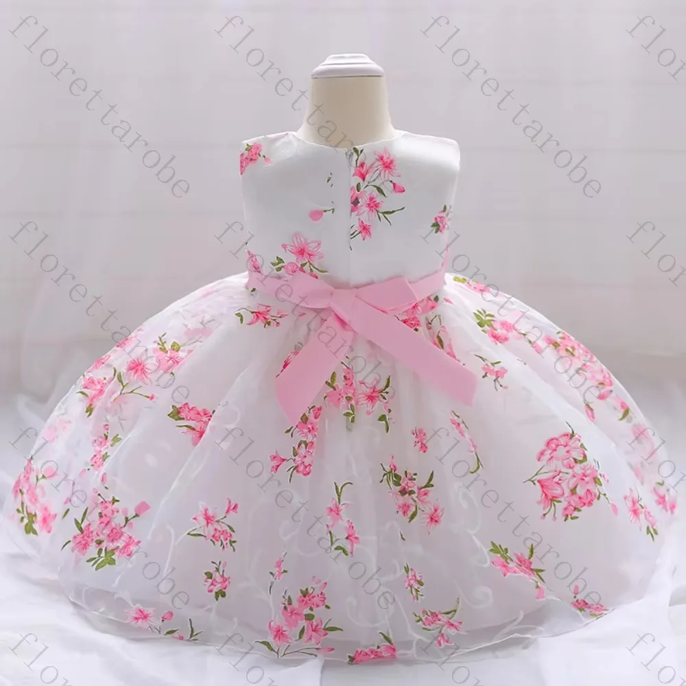 Customized Flower Girl Dress A Line Short Round Neck Sleeveless Organza Floral Print Pink Sash 3D Rose Wedding Kids Party Gown
