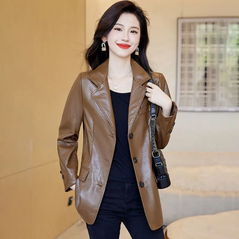 Chic Leather Jacket Women Overcoat Autumn Winter 2024 New Short PU Leather Washable Motorcycle Coat Loose Hugh Leather Jackets