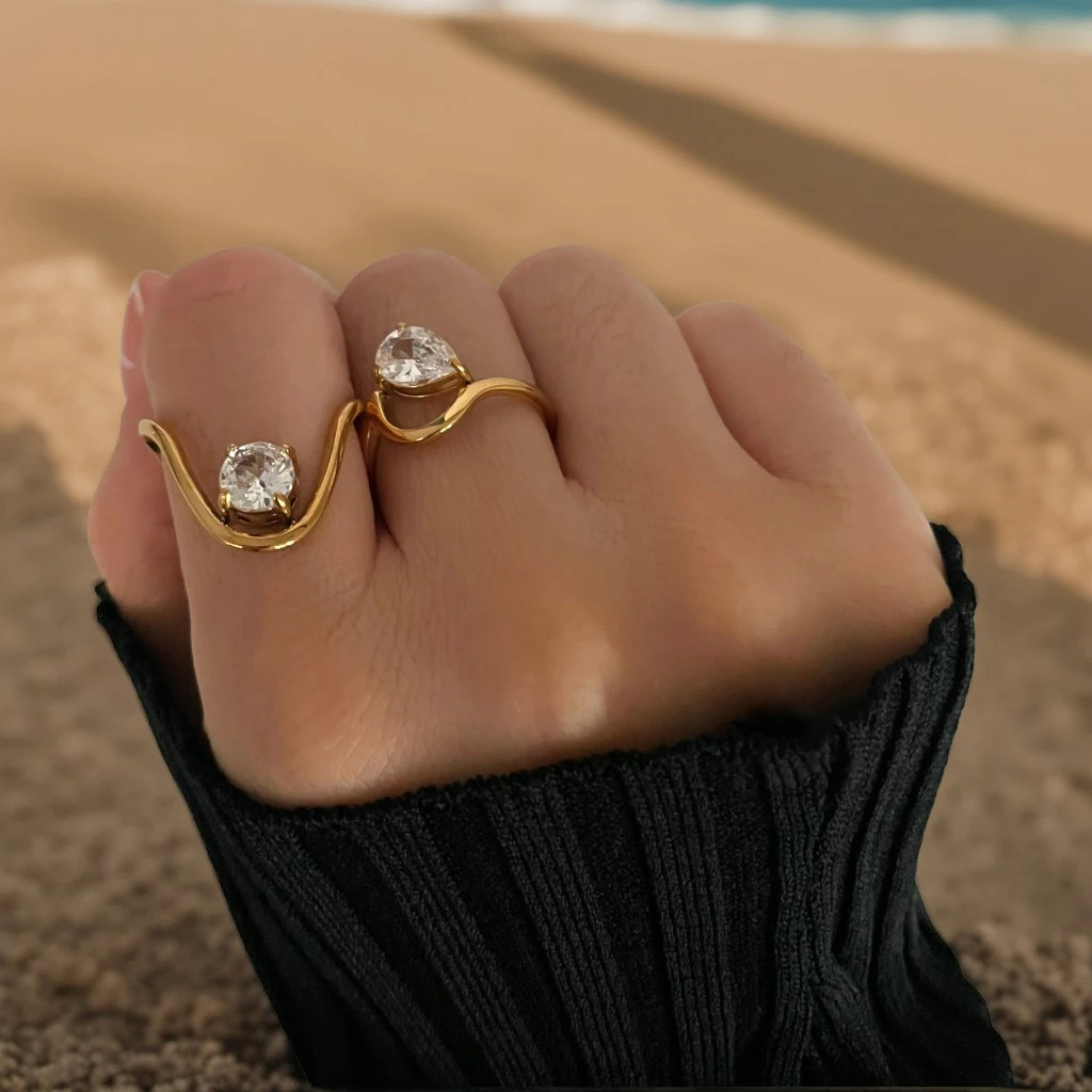 Peri\'sbox 2 Unique Designs Water Drop Circular Zircon Rings Stainless Steel Gold Plated Finger Jewelry Trendy Women Accessories