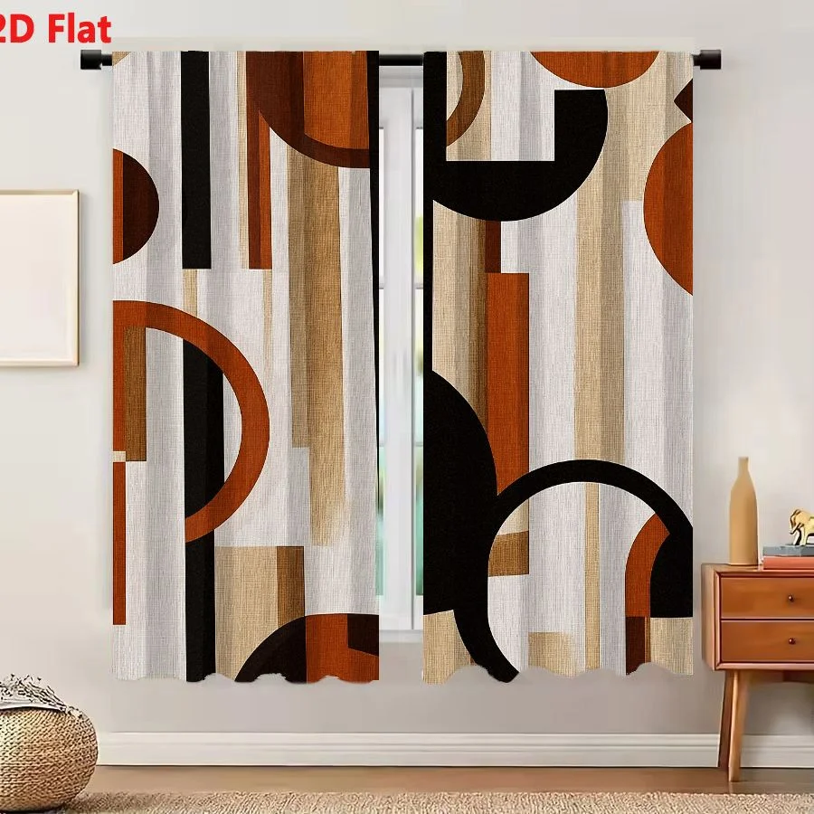 2Pcs Curtains 2D Flat Abstract Mid-Century Modern Art Featuring Vertical Stripes And Bold Curvilinear Shapes In Earthy Tones Win
