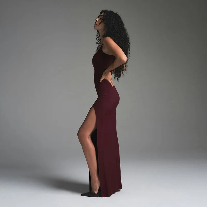 밍위안 스타일 여성 가을 겨울 섹시한 멜빵 원피스 솔리드 컬러 백리스 허리 조절 슬릿 힙 허깅 드레스