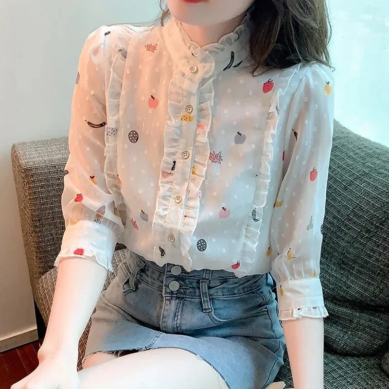 Women\'s Sweet Floral Print Chiffon Blouse, Half Sleeve Tops, Casual Clothes, Edible Tree Fungus Collar, White, Summer, 27476