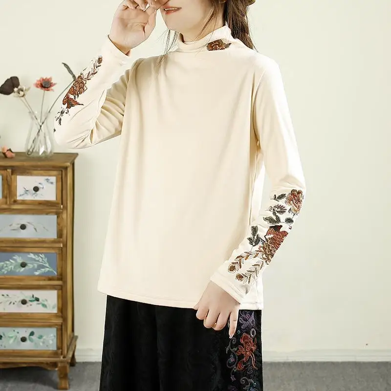 Autumn and Winter Embroidered Half High Neck Warm German Velvet Ethnic Long Sleeve Chinese T-shirt Retro Art Base Mom Top Female