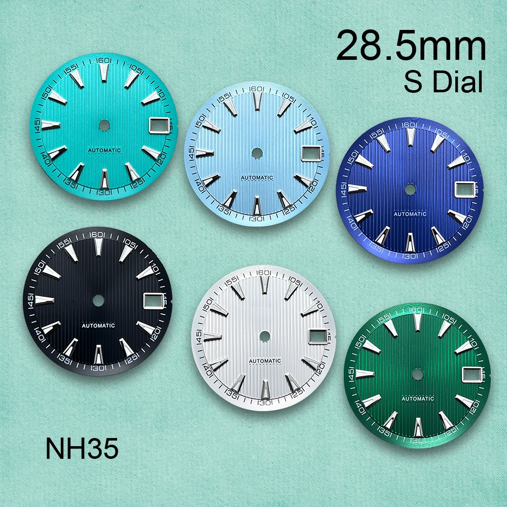 28.5mm S Dial Fit NH35/NH36/4R/7S Automatic Movement Green Luminous Vertical Grain Dial Watch Modification Accessories