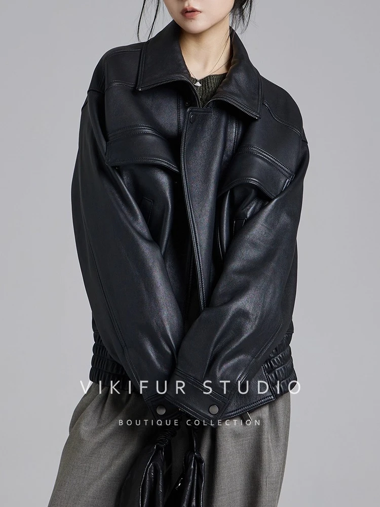 Classic Genuine Leather Motorcycle Jackets for Women Autumn Winter 2025 High-end Simple Casual Soft Black Real Sheepskin Coat