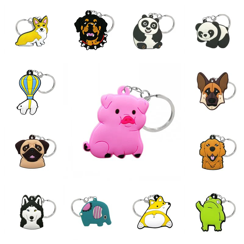 1pcs PVC Keyring Cute Animal Cartoon Keychain Lovely Mini Dog Frog Cat Shape Key Holder Fit Women Men Kids Keys Accessories Gift