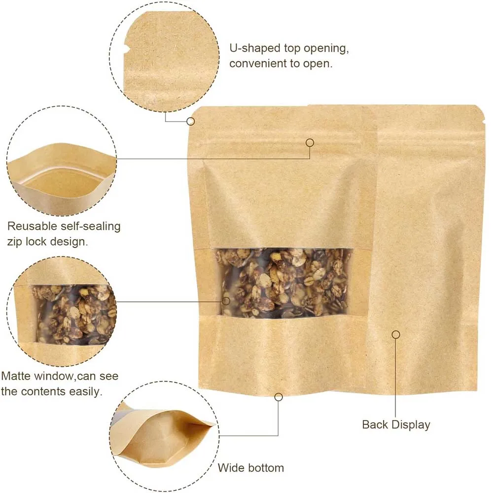 10-50pcs Upright Seal Bone Zipper Kraft Paper Window Bags for Biscuits Nuts Snacks Tea Packaging Seal Self-Sealing Bags